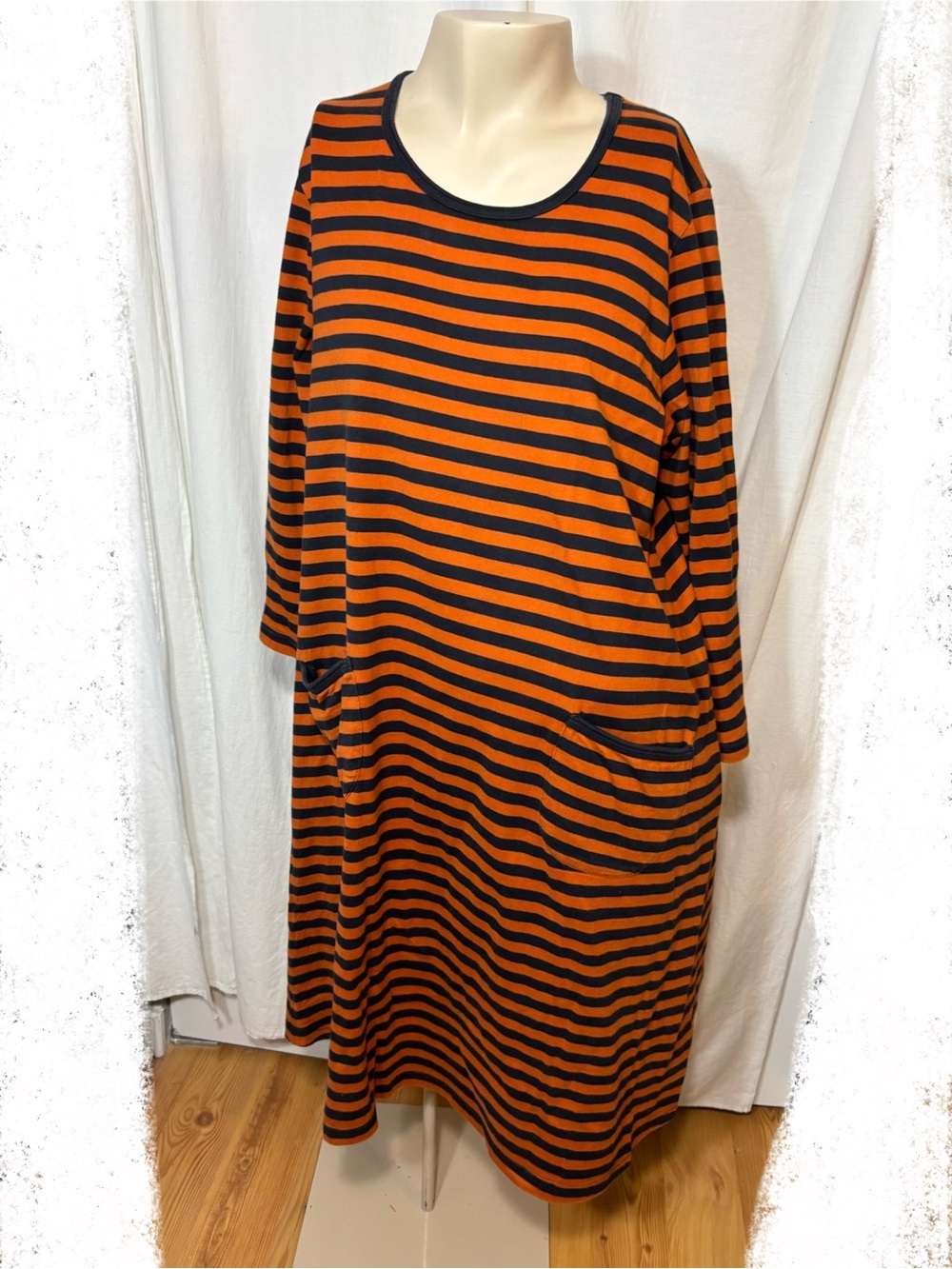 Marimekko women’s striped cotton dress orange navy blue medium